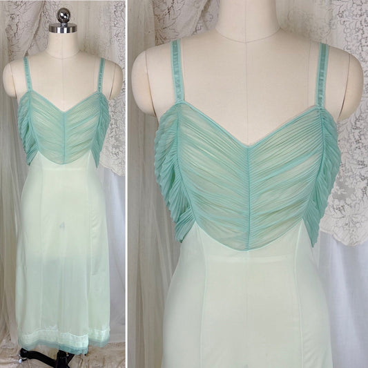 Vintage 1960's Nightgown - Mint Green Nylon with Crystal Pleated Chiffon Bust - by Rogers, size M - Daggers & Dames