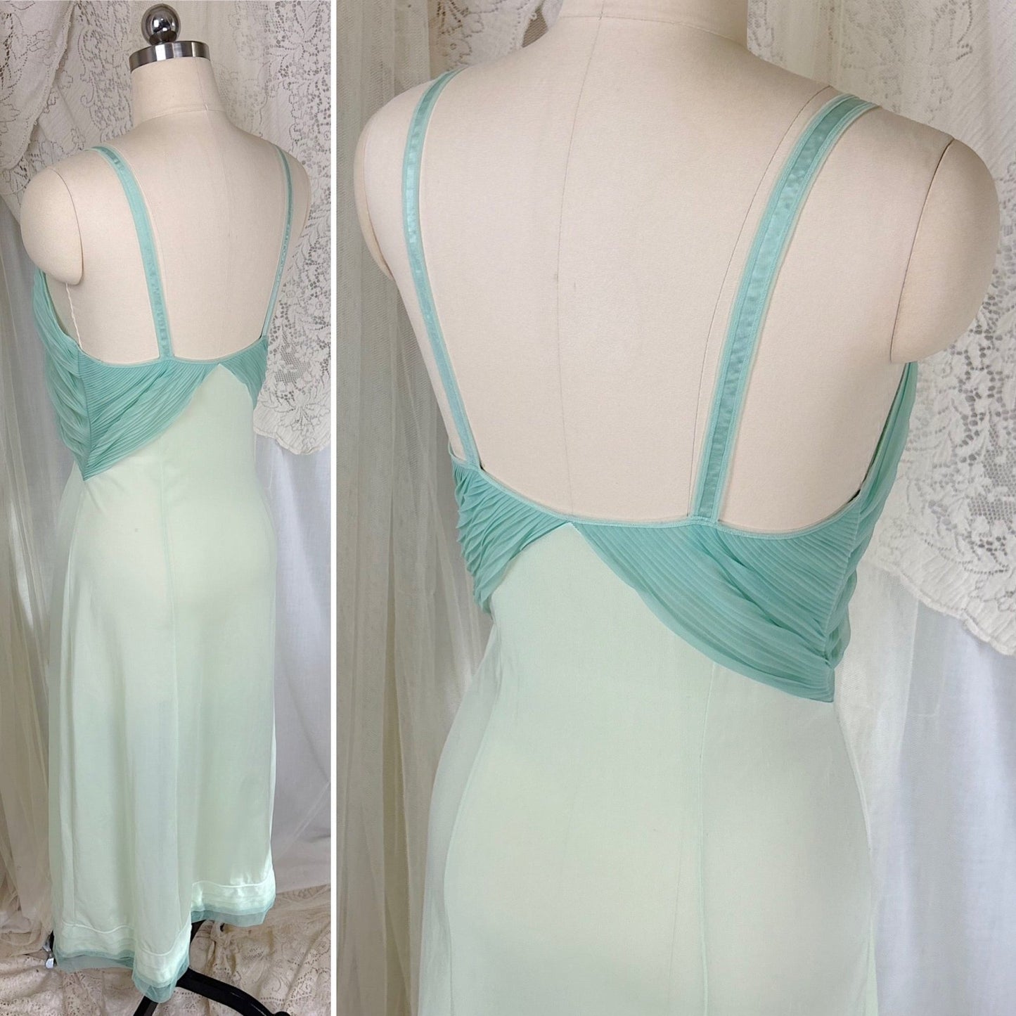Vintage 1960's Nightgown - Mint Green Nylon with Crystal Pleated Chiffon Bust - by Rogers, size M - Daggers & Dames