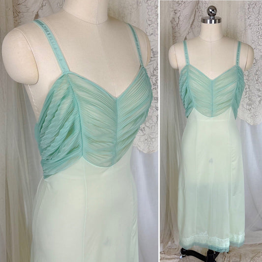 Vintage 1960's Nightgown - Mint Green Nylon with Crystal Pleated Chiffon Bust - by Rogers, size M - Daggers & Dames