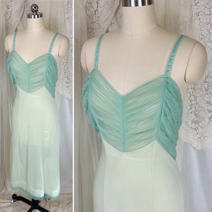 Vintage 1960's Nightgown - Mint Green Nylon with Crystal Pleated Chiffon Bust - by Rogers, size M - Daggers & Dames