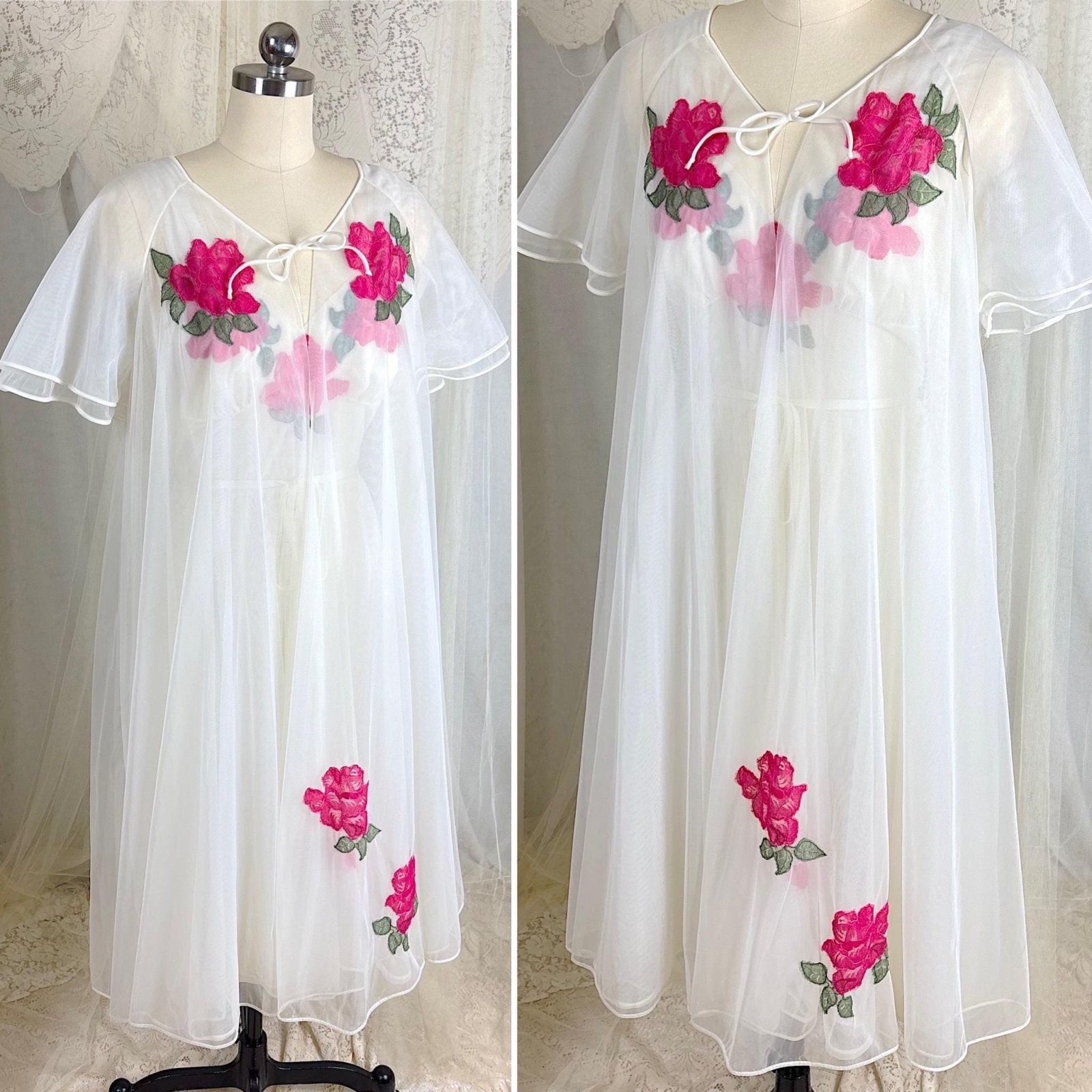 Vintage 1960's Nightgown & Peignoir Set - Double Lined White Nylon Chiffon with Bold Pink Lace Rose Appliques - Size M - By Van Raalte - Daggers & Dames
