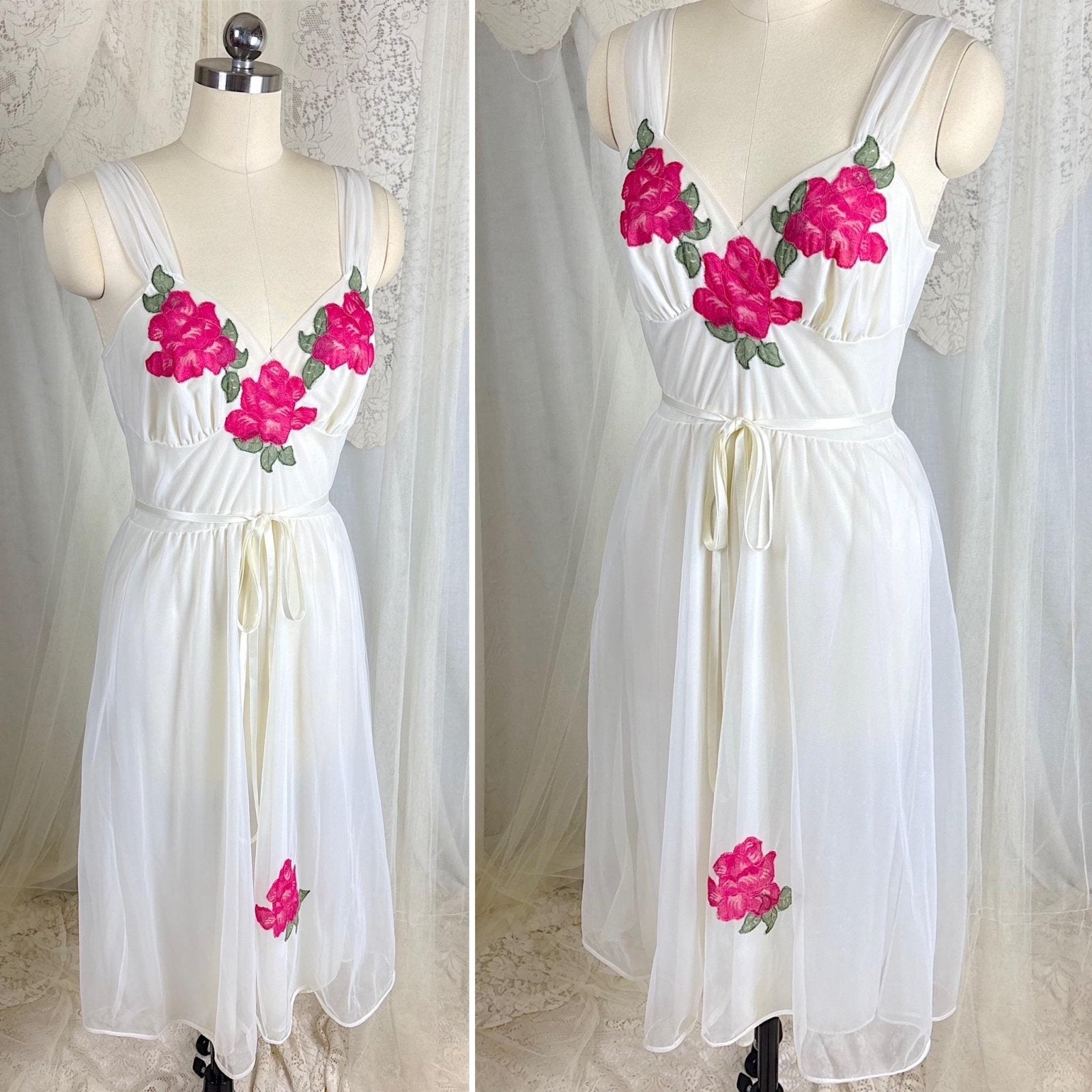 Vintage 1960's Nightgown & Peignoir Set - Double Lined White Nylon Chiffon with Bold Pink Lace Rose Appliques - Size M - By Van Raalte - Daggers & Dames