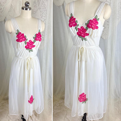 Vintage 1960's Nightgown & Peignoir Set - Double Lined White Nylon Chiffon with Bold Pink Lace Rose Appliques - Size M - By Van Raalte - Daggers & Dames