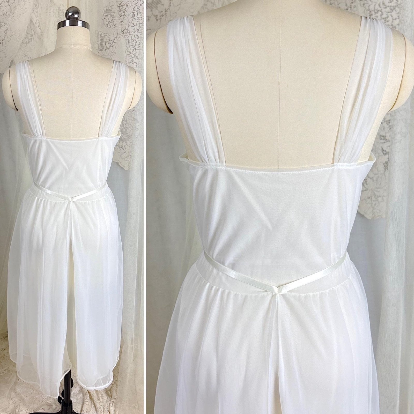 Vintage 1960's Nightgown & Peignoir Set - Double Lined White Nylon Chiffon with Bold Pink Lace Rose Appliques - Size M - By Van Raalte - Daggers & Dames