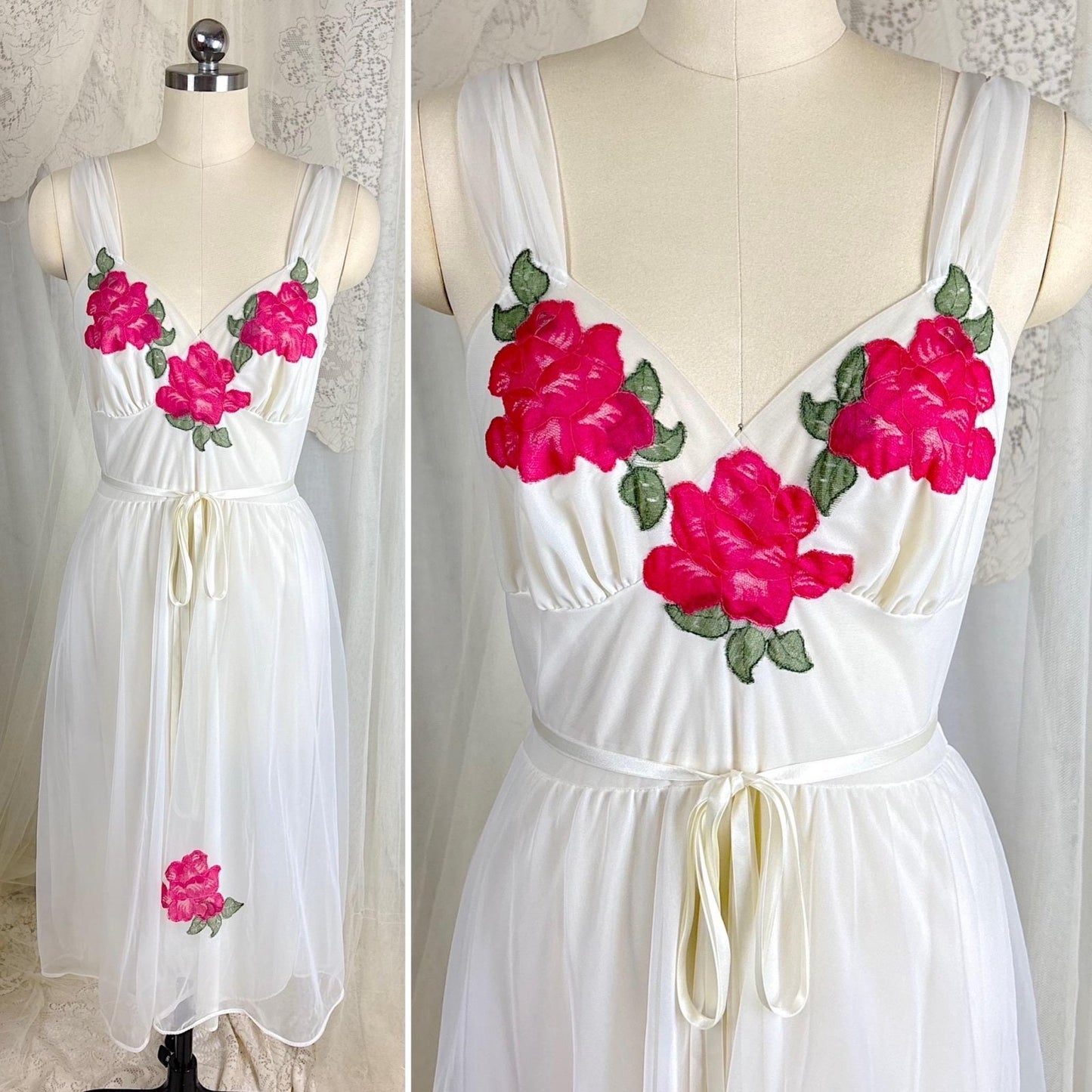 Vintage 1960's Nightgown & Peignoir Set - Double Lined White Nylon Chiffon with Bold Pink Lace Rose Appliques - Size M - By Van Raalte - Daggers & Dames
