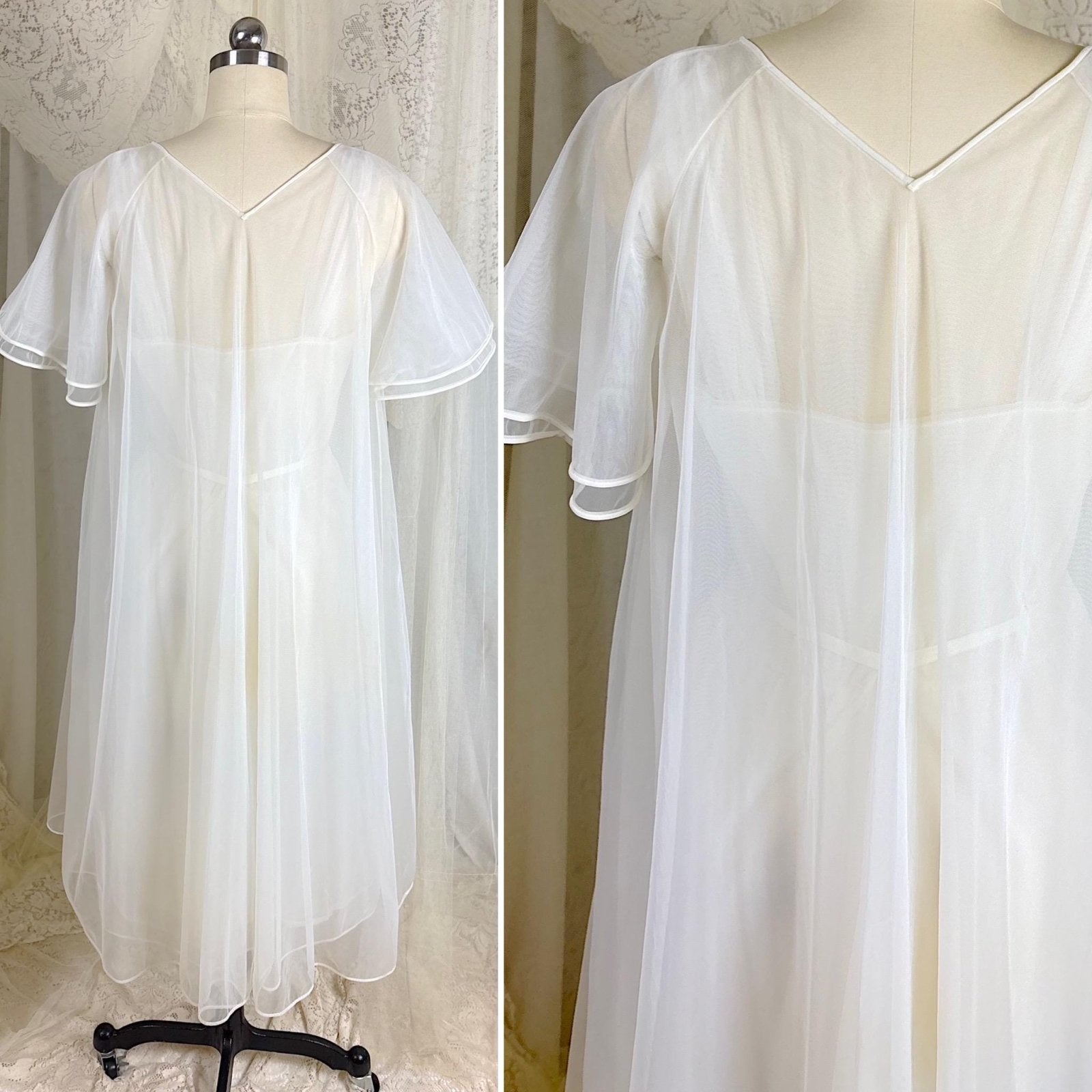 Vintage 1960's Nightgown & Peignoir Set - Double Lined White Nylon Chiffon with Bold Pink Lace Rose Appliques - Size M - By Van Raalte - Daggers & Dames