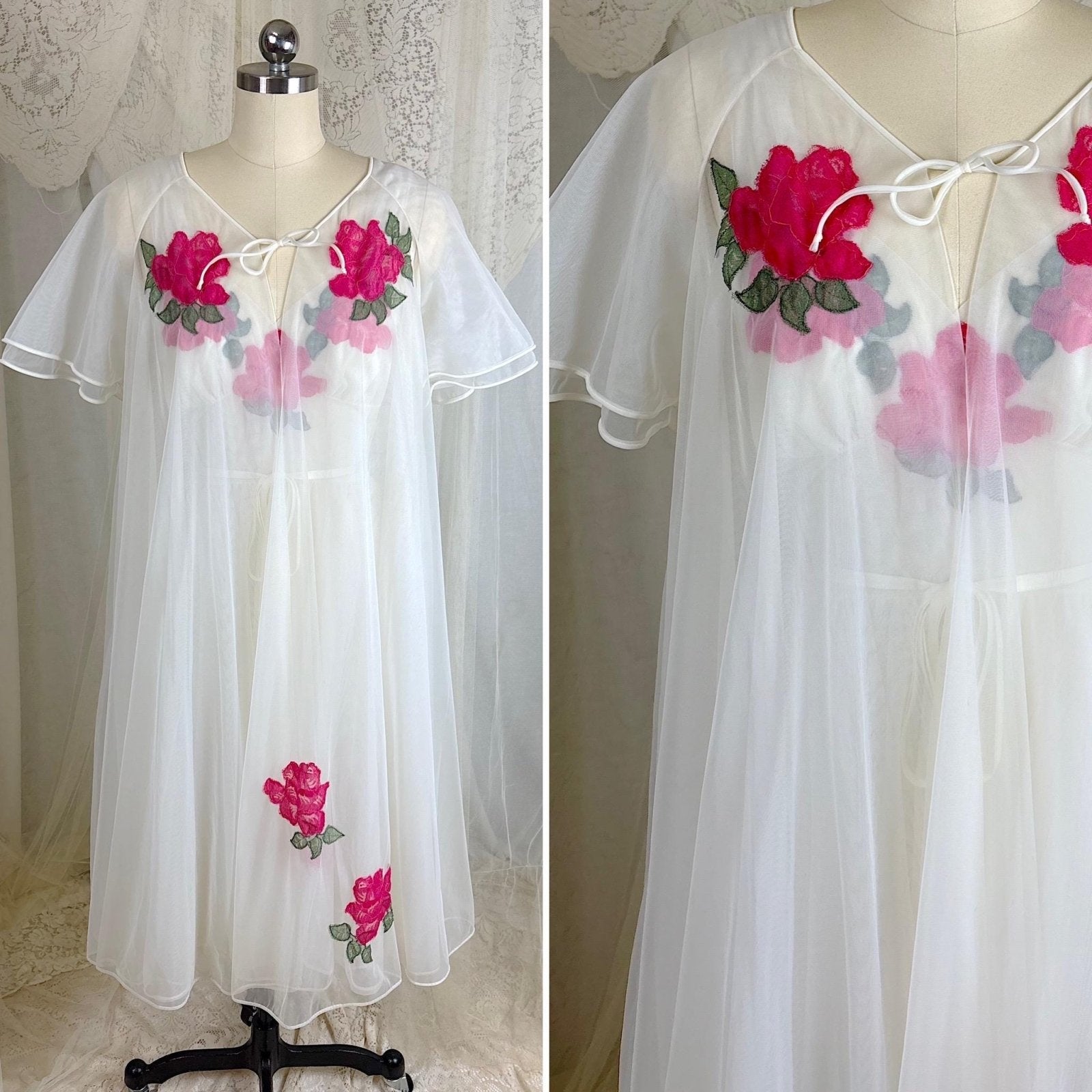 Vintage 1960's Nightgown & Peignoir Set - Double Lined White Nylon Chiffon with Bold Pink Lace Rose Appliques - Size M - By Van Raalte - Daggers & Dames
