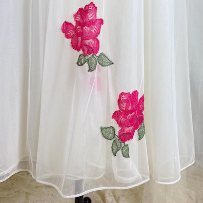 Vintage 1960's Nightgown & Peignoir Set - Double Lined White Nylon Chiffon with Bold Pink Lace Rose Appliques - Size M - By Van Raalte - Daggers & Dames