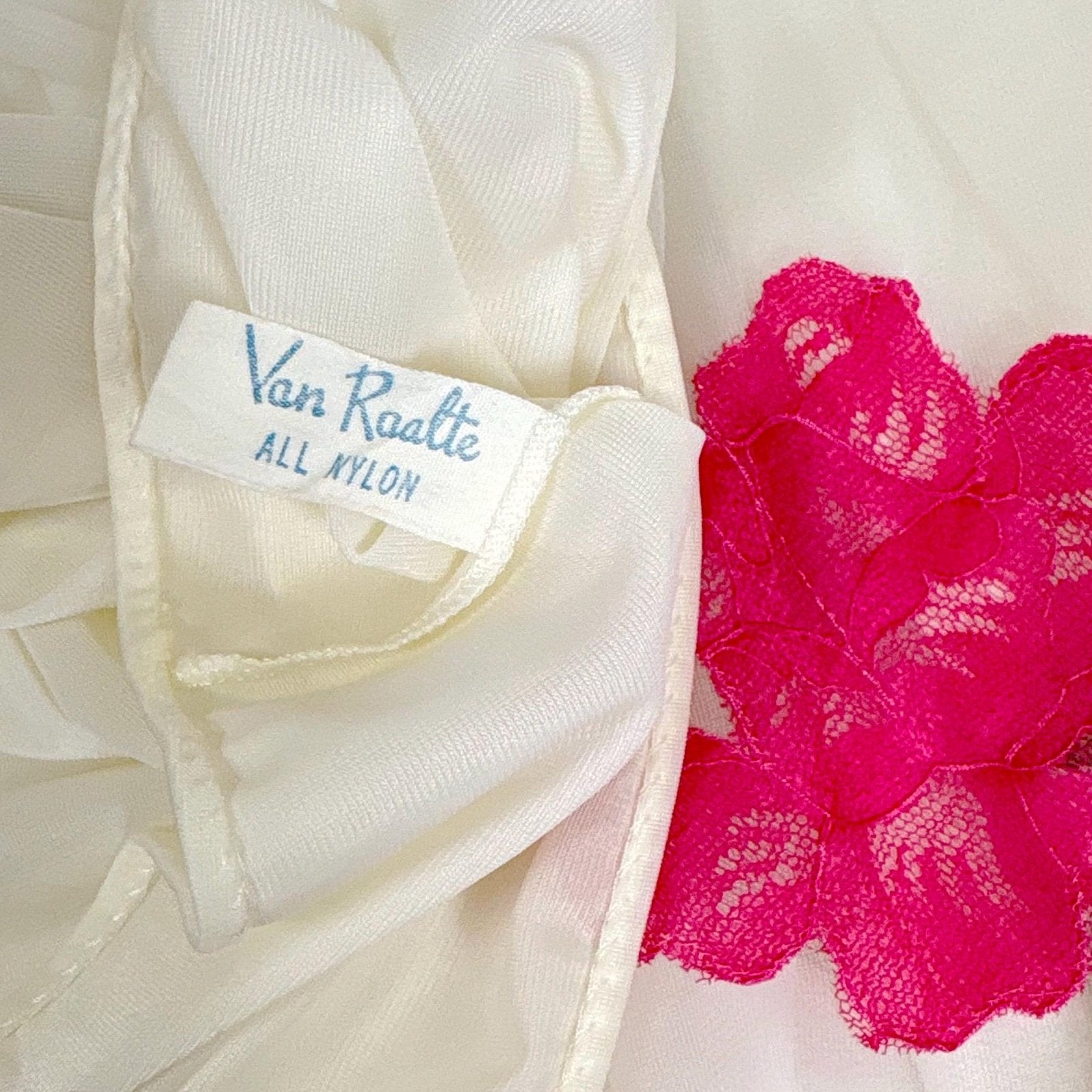 Vintage 1960's Nightgown & Peignoir Set - Double Lined White Nylon Chiffon with Bold Pink Lace Rose Appliques - Size M - By Van Raalte - Daggers & Dames