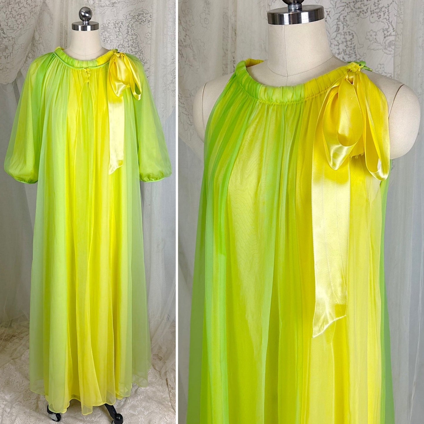 Vintage 1960's Nightgown & Peignoir Set - Lime Green and Yellow Nylon Chiffon with Satin Bow - By Chevette - Size S, M - Daggers & Dames