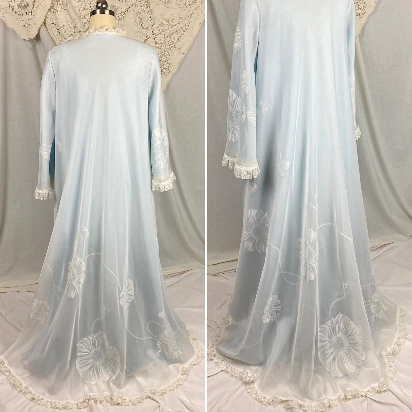 Vintage 1960's Nightgown & Peignoir Set - Powder Blue Nylon with Sheer Floral Print White Organdy Overlay - Size S - By Odette Barsa - Daggers & Dames