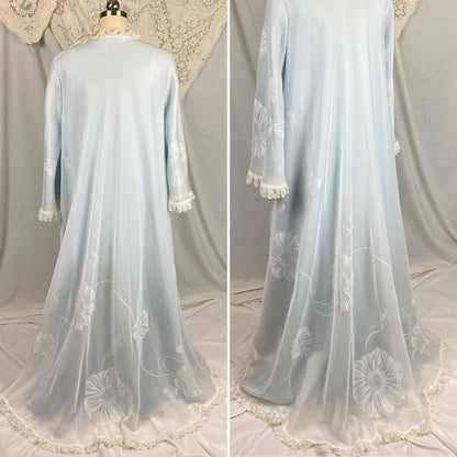 Vintage 1960's Nightgown & Peignoir Set - Powder Blue Nylon with Sheer Floral Print White Organdy Overlay - Size S - By Odette Barsa - Daggers & Dames
