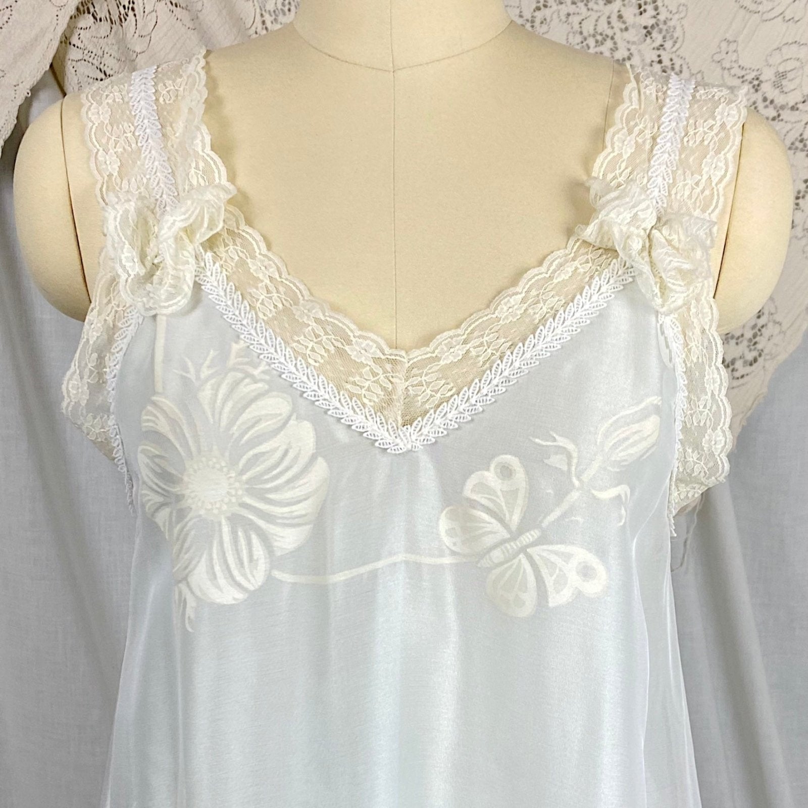 Vintage 1960's Nightgown & Peignoir Set - Powder Blue Nylon with Sheer Floral Print White Organdy Overlay - Size S - By Odette Barsa - Daggers & Dames