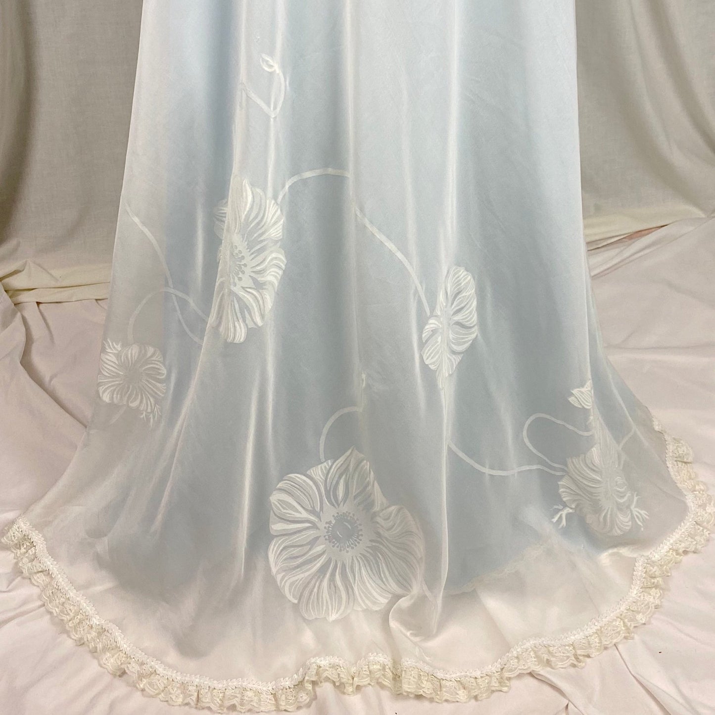 Vintage 1960's Nightgown & Peignoir Set - Powder Blue Nylon with Sheer Floral Print White Organdy Overlay - Size S - By Odette Barsa - Daggers & Dames