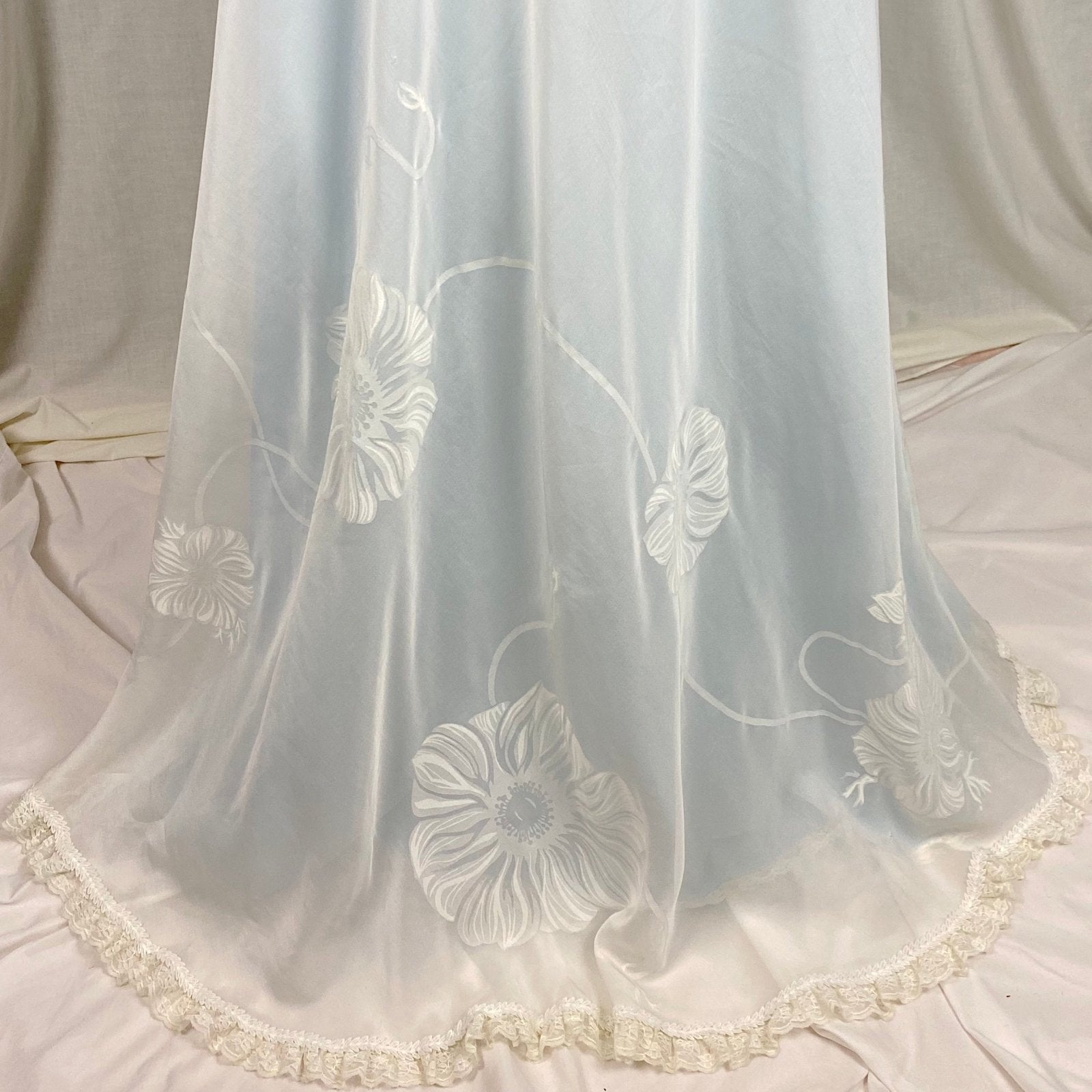 Vintage 1960's Nightgown & Peignoir Set - Powder Blue Nylon with Sheer Floral Print White Organdy Overlay - Size S - By Odette Barsa - Daggers & Dames