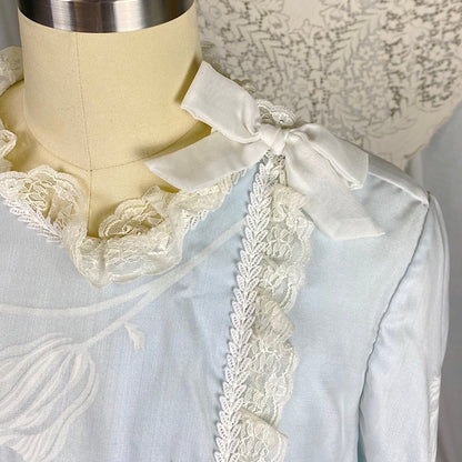 Vintage 1960's Nightgown & Peignoir Set - Powder Blue Nylon with Sheer Floral Print White Organdy Overlay - Size S - By Odette Barsa - Daggers & Dames
