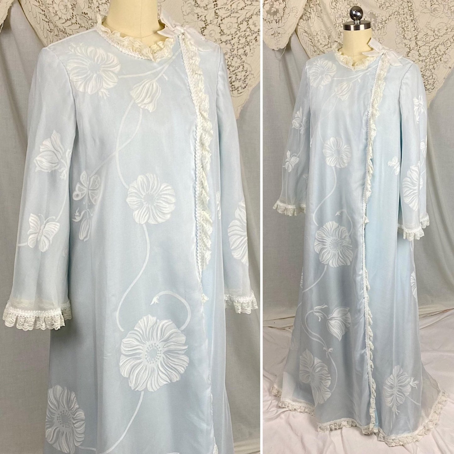 Vintage 1960's Nightgown & Peignoir Set - Powder Blue Nylon with Sheer Floral Print White Organdy Overlay - Size S - By Odette Barsa - Daggers & Dames
