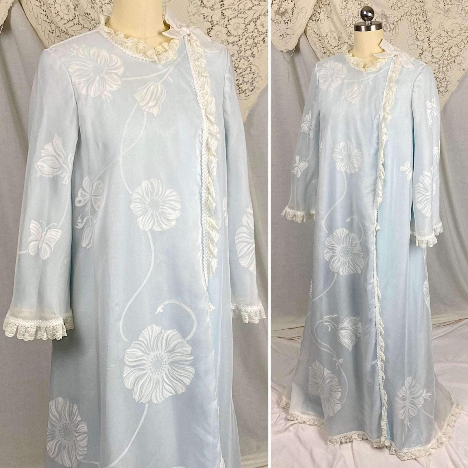 Vintage 1960's Nightgown & Peignoir Set - Powder Blue Nylon with Sheer Floral Print White Organdy Overlay - Size S - By Odette Barsa - Daggers & Dames
