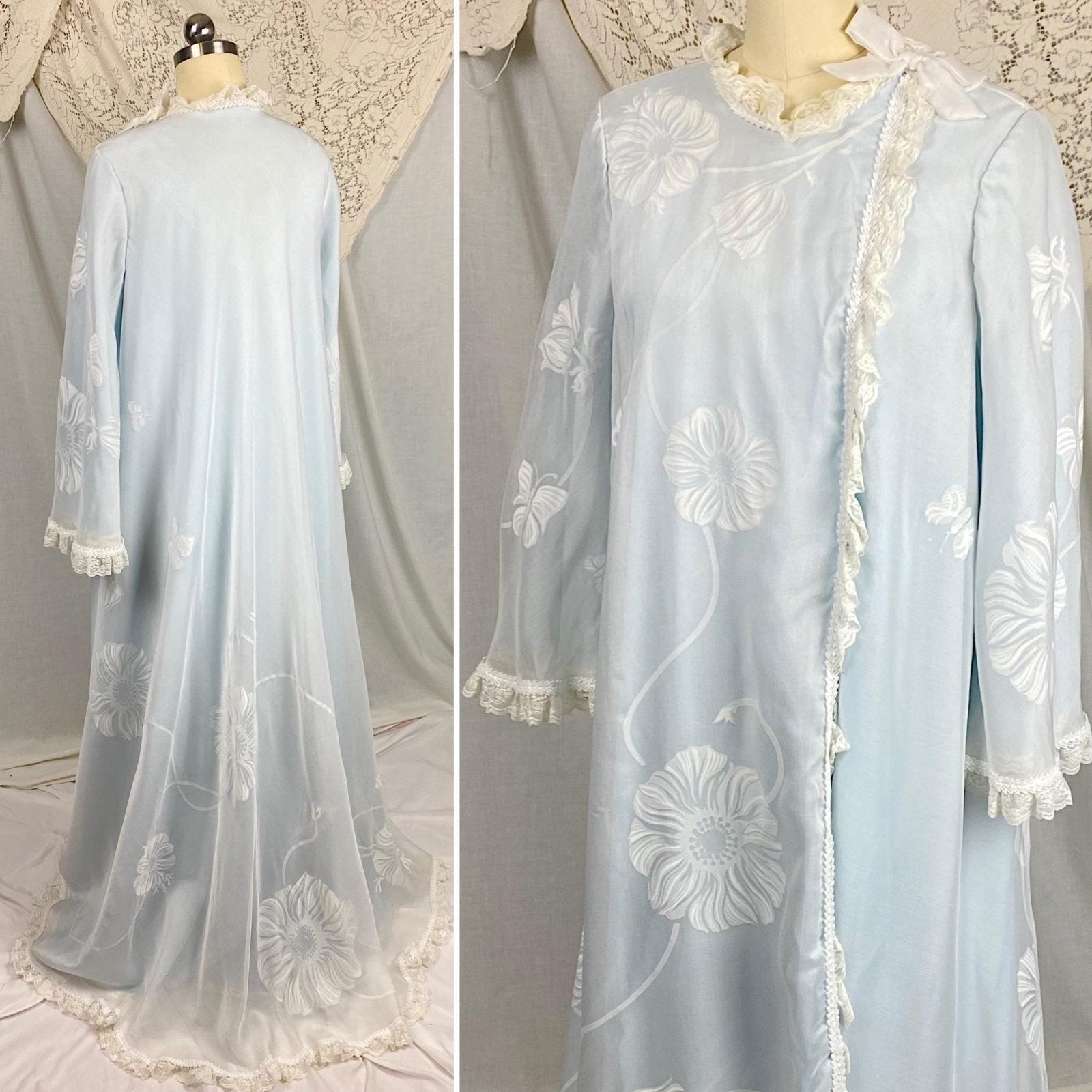 Vintage 1960's Nightgown & Peignoir Set - Powder Blue Nylon with Sheer Floral Print White Organdy Overlay - Size S - By Odette Barsa - Daggers & Dames