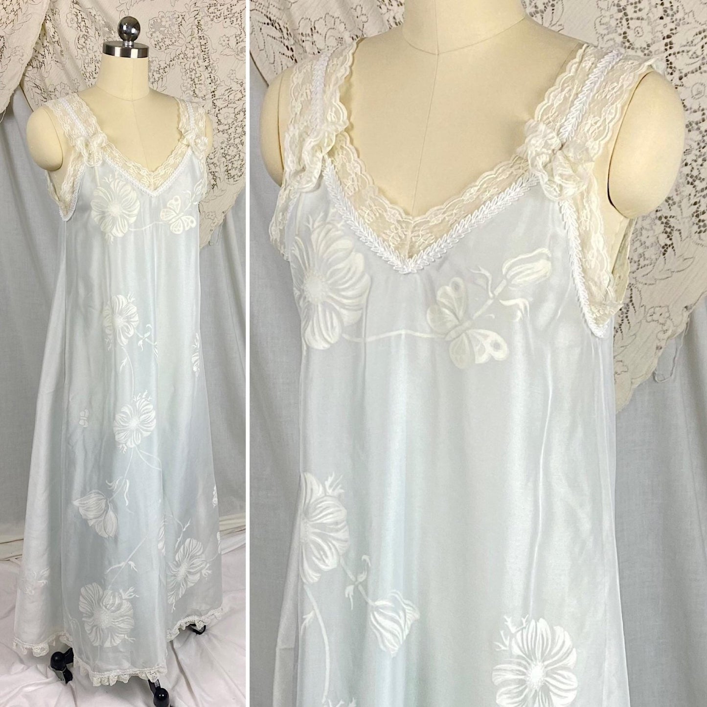 Vintage 1960's Nightgown & Peignoir Set - Powder Blue Nylon with Sheer Floral Print White Organdy Overlay - Size S - By Odette Barsa - Daggers & Dames