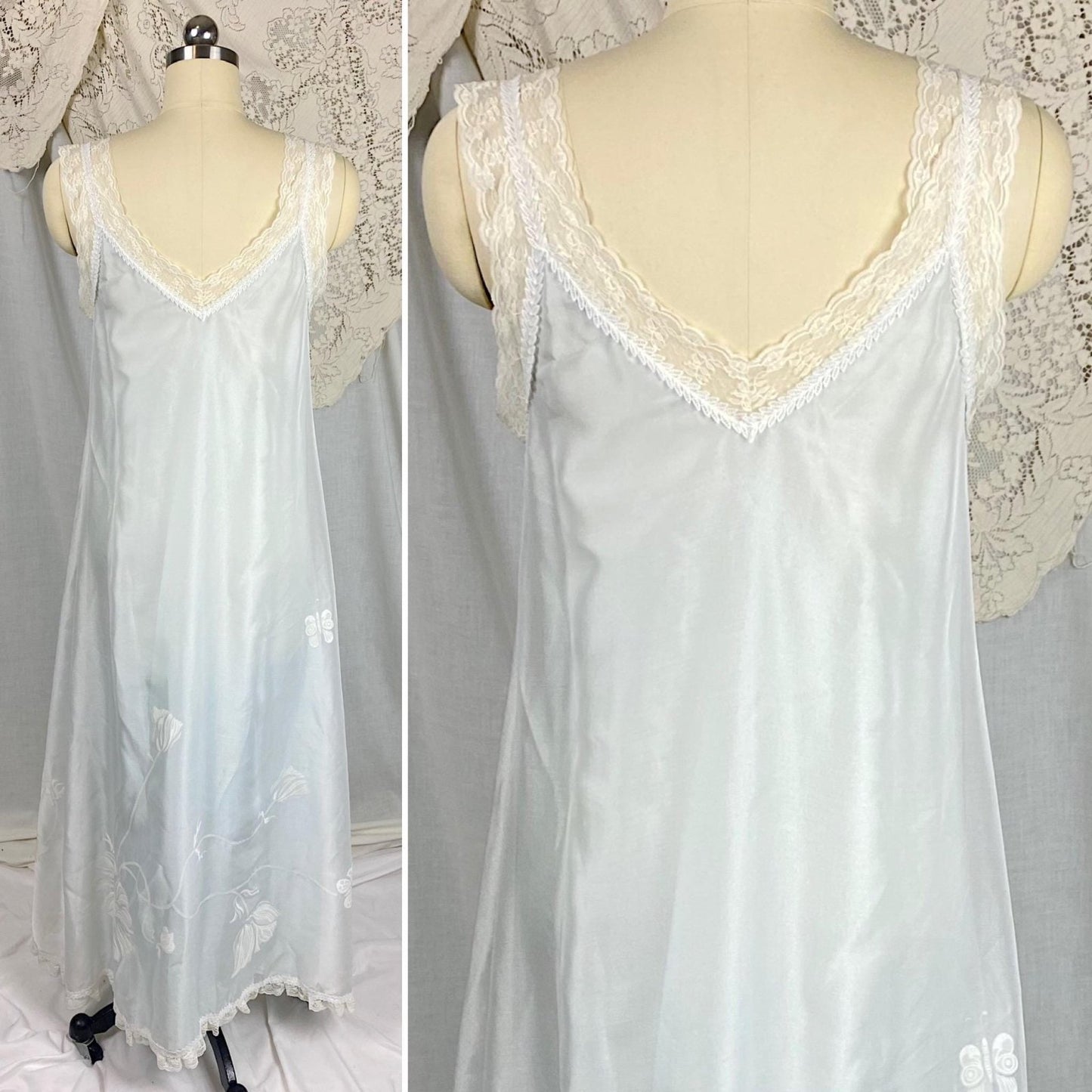 Vintage 1960's Nightgown & Peignoir Set - Powder Blue Nylon with Sheer Floral Print White Organdy Overlay - Size S - By Odette Barsa - Daggers & Dames