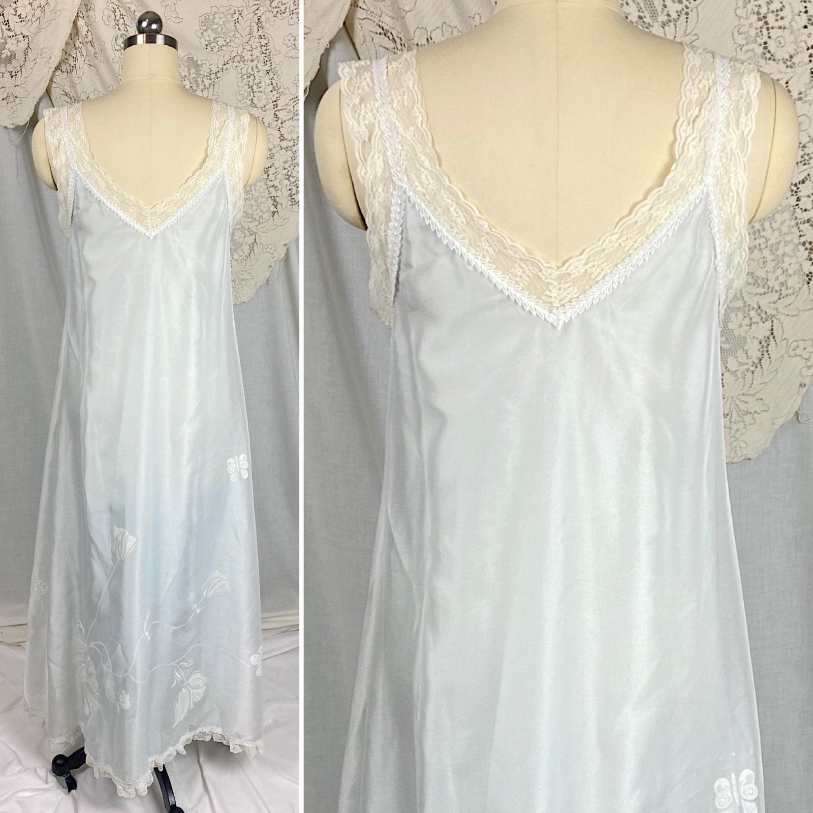Vintage 1960's Nightgown & Peignoir Set - Powder Blue Nylon with Sheer Floral Print White Organdy Overlay - Size S - By Odette Barsa - Daggers & Dames