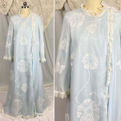 Vintage 1960's Nightgown & Peignoir Set - Powder Blue Nylon with Sheer Floral Print White Organdy Overlay - Size S - By Odette Barsa - Daggers & Dames