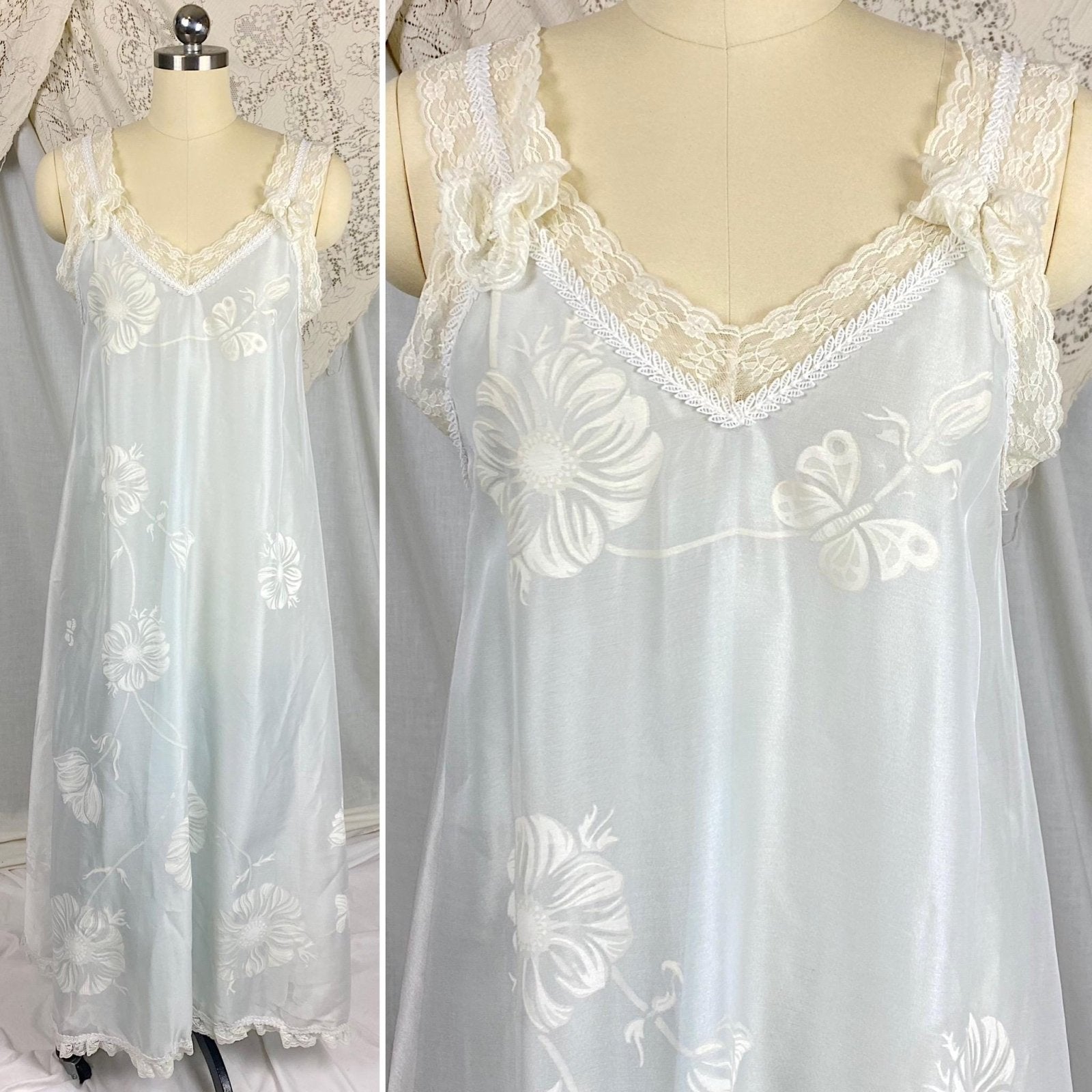 Vintage 1960's Nightgown & Peignoir Set - Powder Blue Nylon with Sheer Floral Print White Organdy Overlay - Size S - By Odette Barsa - Daggers & Dames