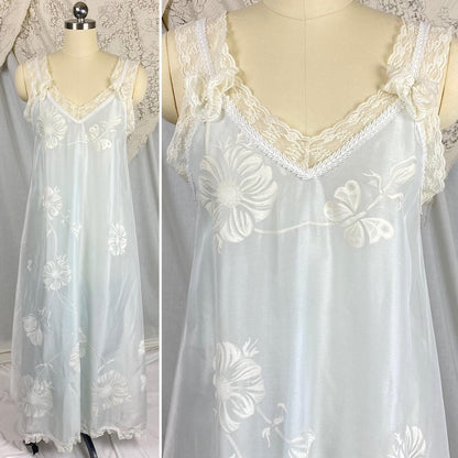 Vintage 1960's Nightgown & Peignoir Set - Powder Blue Nylon with Sheer Floral Print White Organdy Overlay - Size S - By Odette Barsa - Daggers & Dames