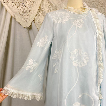 Vintage 1960's Nightgown & Peignoir Set - Powder Blue Nylon with Sheer Floral Print White Organdy Overlay - Size S - By Odette Barsa - Daggers & Dames