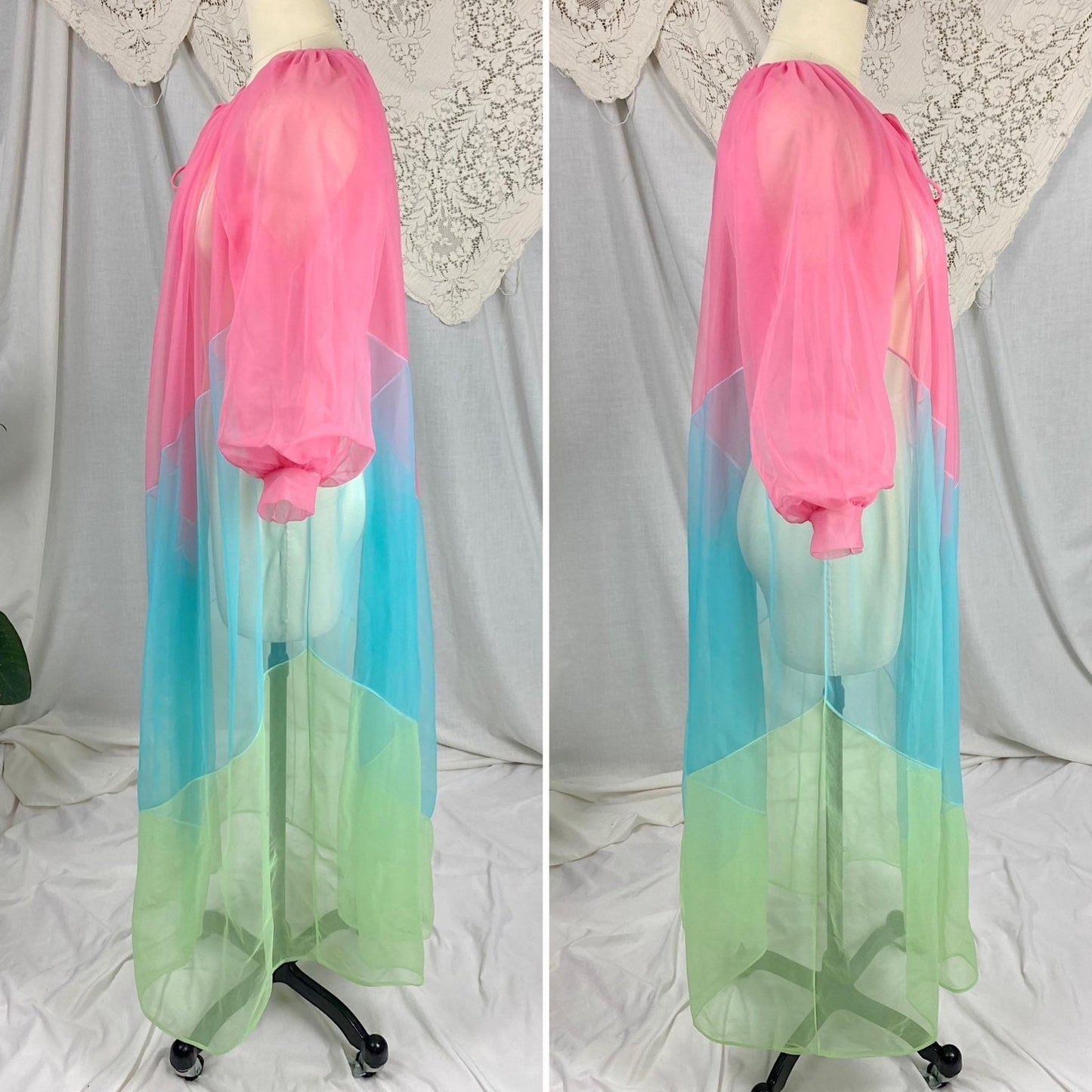 Vintage 1960's Peignoir Robe | Sheer Hot Pink, Lime Green & Blue Nylon Chiffon with Puff Sleeves | Size S, M - Daggers & Dames