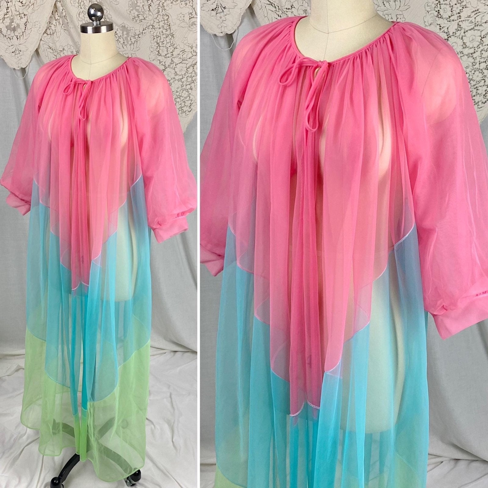 Vintage 1960's Peignoir Robe | Sheer Hot Pink, Lime Green & Blue Nylon Chiffon with Puff Sleeves | Size S, M - Daggers & Dames