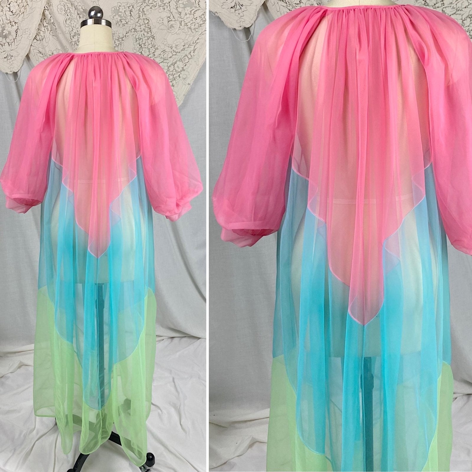Vintage 1960's Peignoir Robe | Sheer Hot Pink, Lime Green & Blue Nylon Chiffon with Puff Sleeves | Size S, M - Daggers & Dames