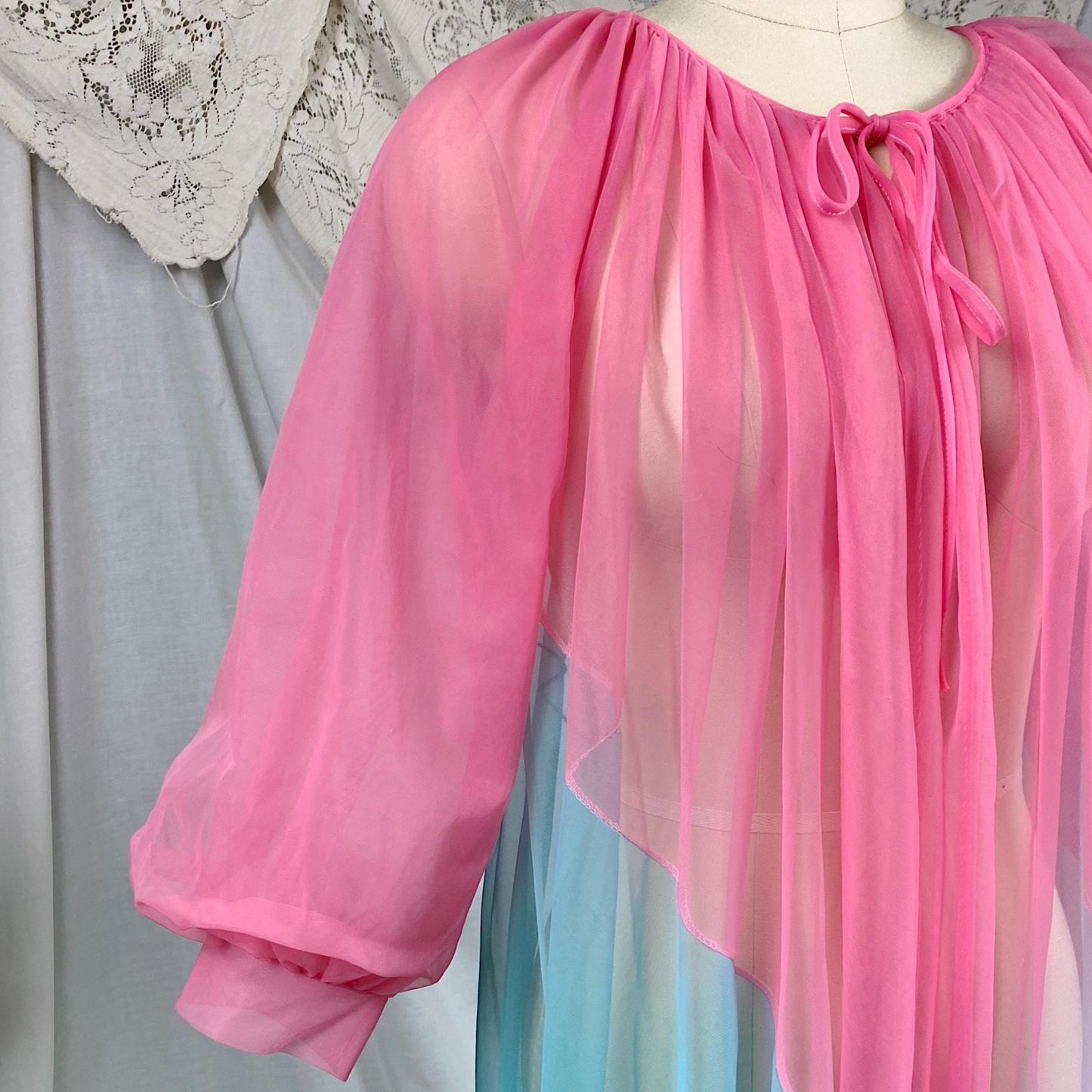 Vintage 1960's Peignoir Robe | Sheer Hot Pink, Lime Green & Blue Nylon Chiffon with Puff Sleeves | Size S, M - Daggers & Dames