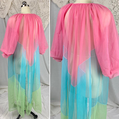 Vintage 1960's Peignoir Robe | Sheer Hot Pink, Lime Green & Blue Nylon Chiffon with Puff Sleeves | Size S, M - Daggers & Dames