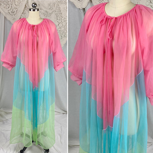 Vintage 1960's Peignoir Robe | Sheer Hot Pink, Lime Green & Blue Nylon Chiffon with Puff Sleeves | Size S, M - Daggers & Dames