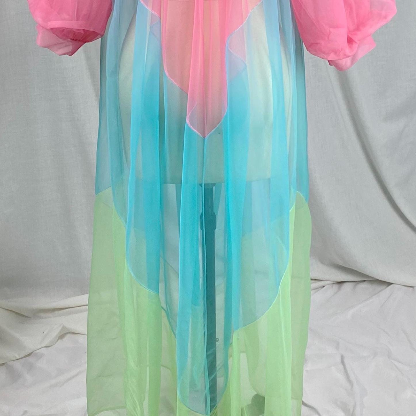 Vintage 1960's Peignoir Robe | Sheer Hot Pink, Lime Green & Blue Nylon Chiffon with Puff Sleeves | Size S, M - Daggers & Dames