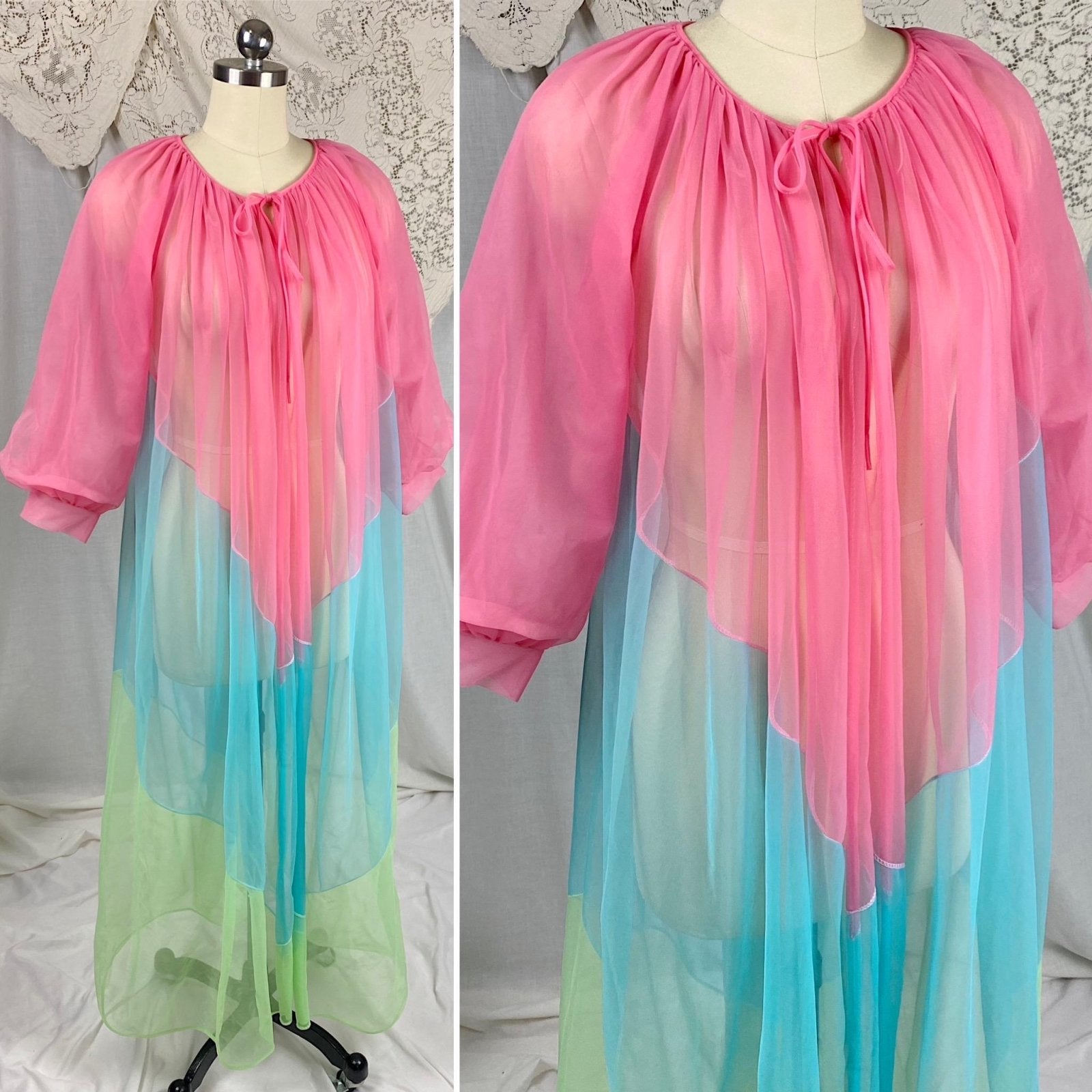 Vintage 1960's Peignoir Robe | Sheer Hot Pink, Lime Green & Blue Nylon Chiffon with Puff Sleeves | Size S, M - Daggers & Dames