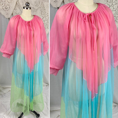 Vintage 1960's Peignoir Robe | Sheer Hot Pink, Lime Green & Blue Nylon Chiffon with Puff Sleeves | Size S, M - Daggers & Dames