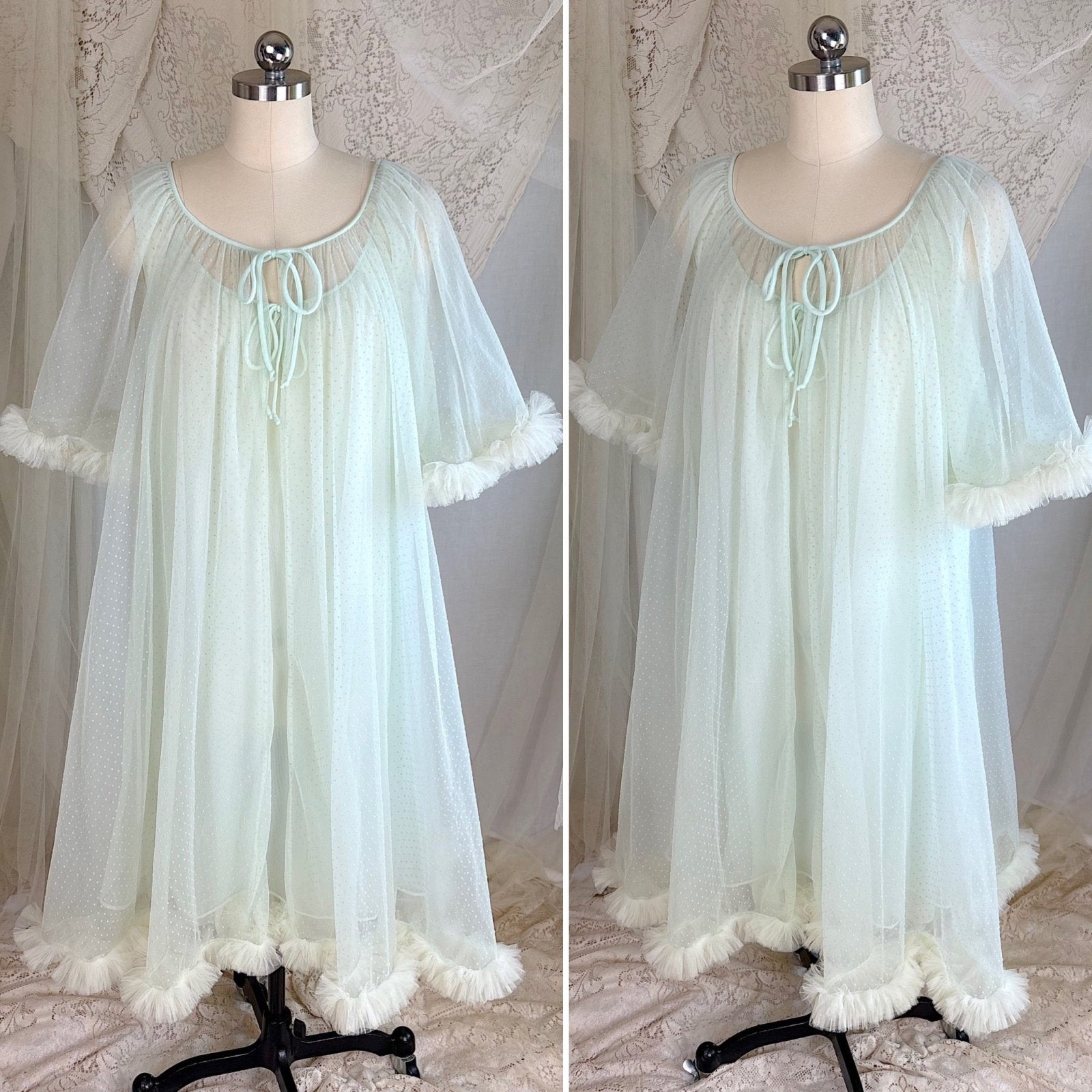 Vintage 1960's Peignoir Set - Pale Green Nylon Chiffon with Ruffled Tulle - by Al Sterling - Daggers & Dames
