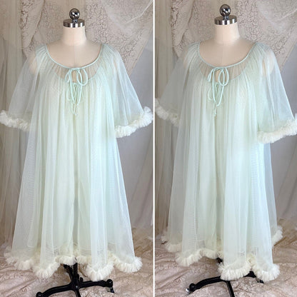 Vintage 1960's Peignoir Set - Pale Green Nylon Chiffon with Ruffled Tulle - by Al Sterling - Daggers & Dames