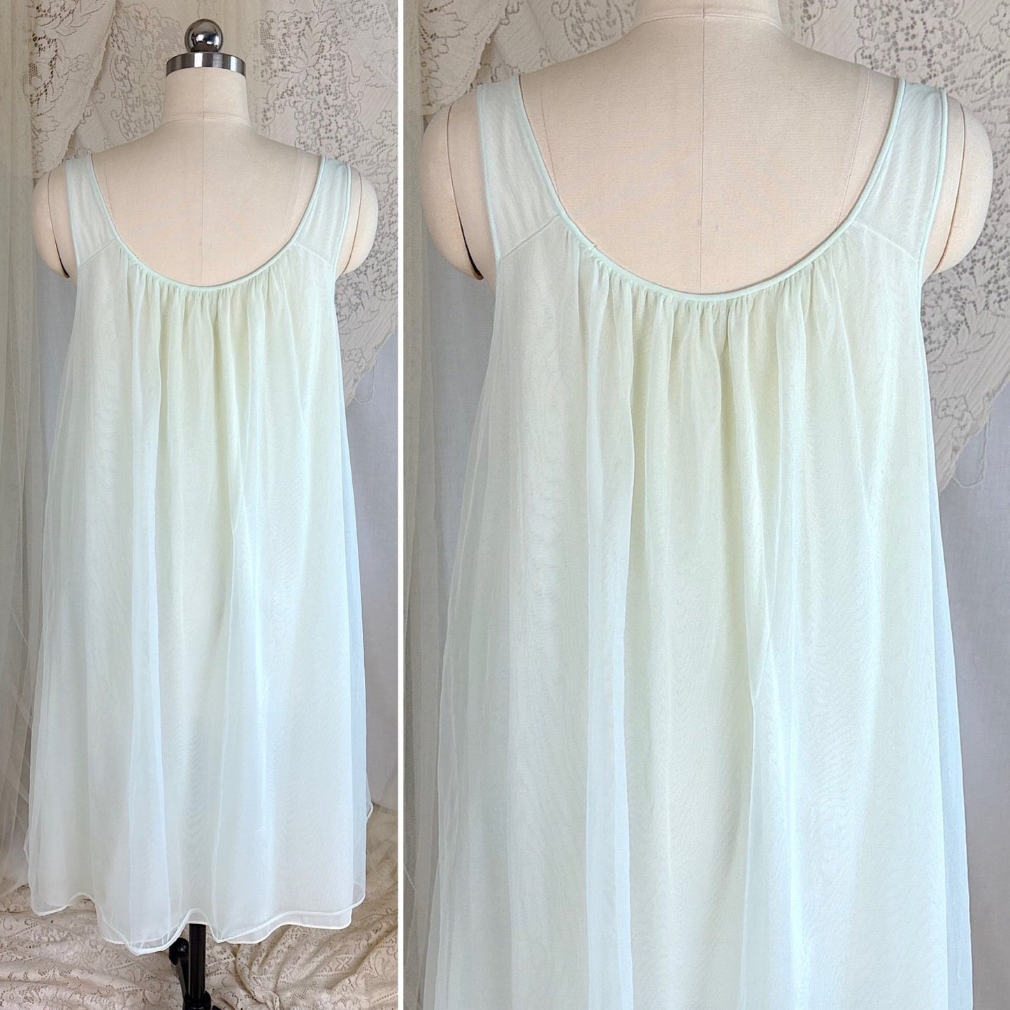 Vintage 1960's Peignoir Set - Pale Green Nylon Chiffon with Ruffled Tulle - by Al Sterling - Daggers & Dames