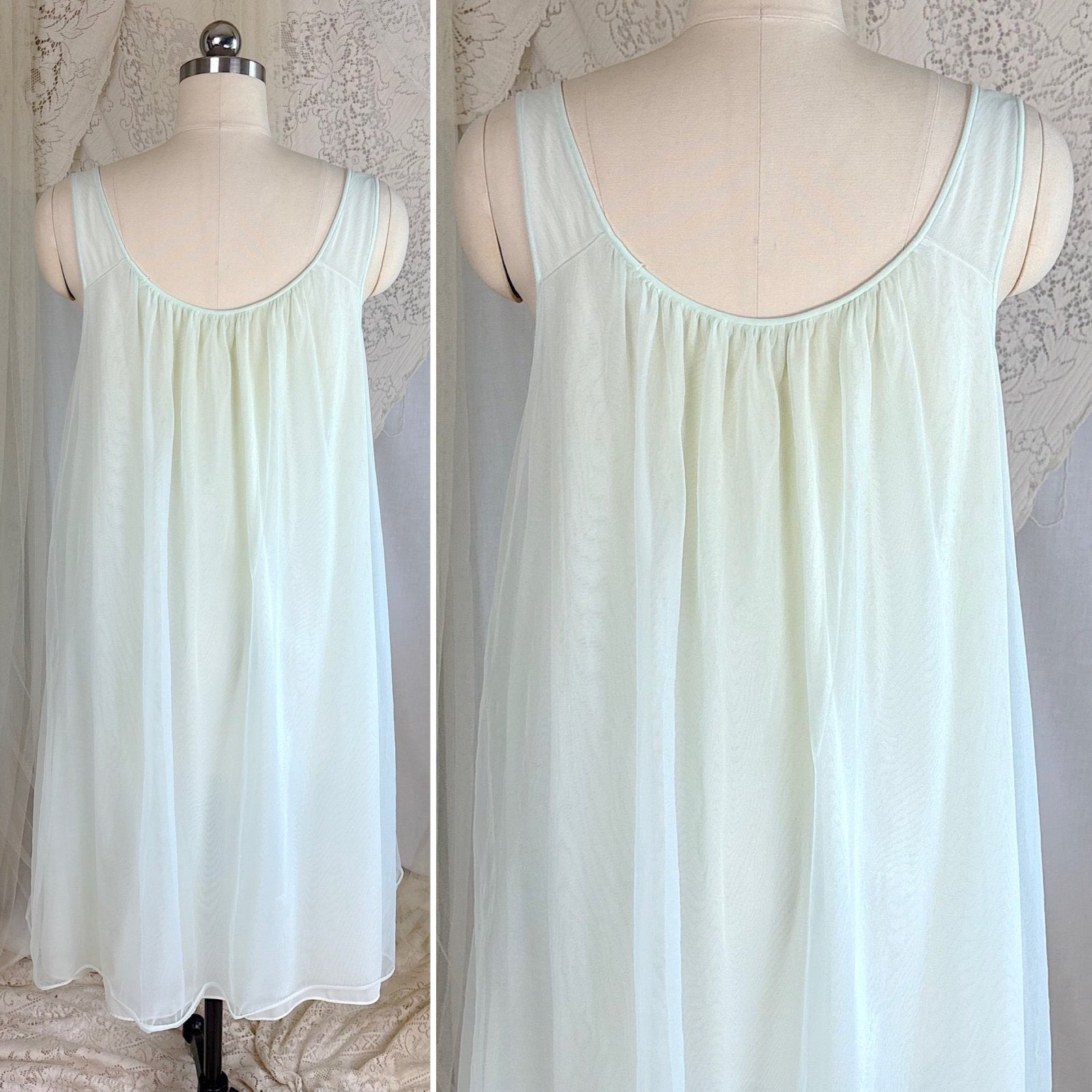 Vintage 1960's Peignoir Set - Pale Green Nylon Chiffon with Ruffled Tulle - by Al Sterling - Daggers & Dames