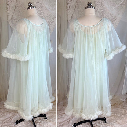Vintage 1960's Peignoir Set - Pale Green Nylon Chiffon with Ruffled Tulle - by Al Sterling - Daggers & Dames