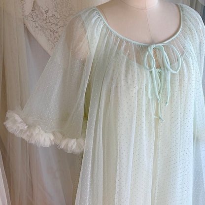 Vintage 1960's Peignoir Set - Pale Green Nylon Chiffon with Ruffled Tulle - by Al Sterling - Daggers & Dames