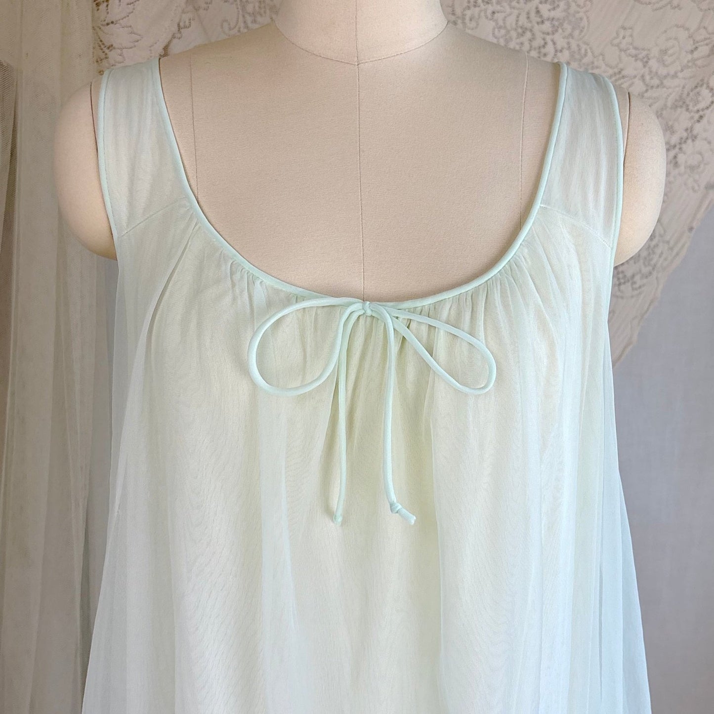 Vintage 1960's Peignoir Set - Pale Green Nylon Chiffon with Ruffled Tulle - by Al Sterling - Daggers & Dames