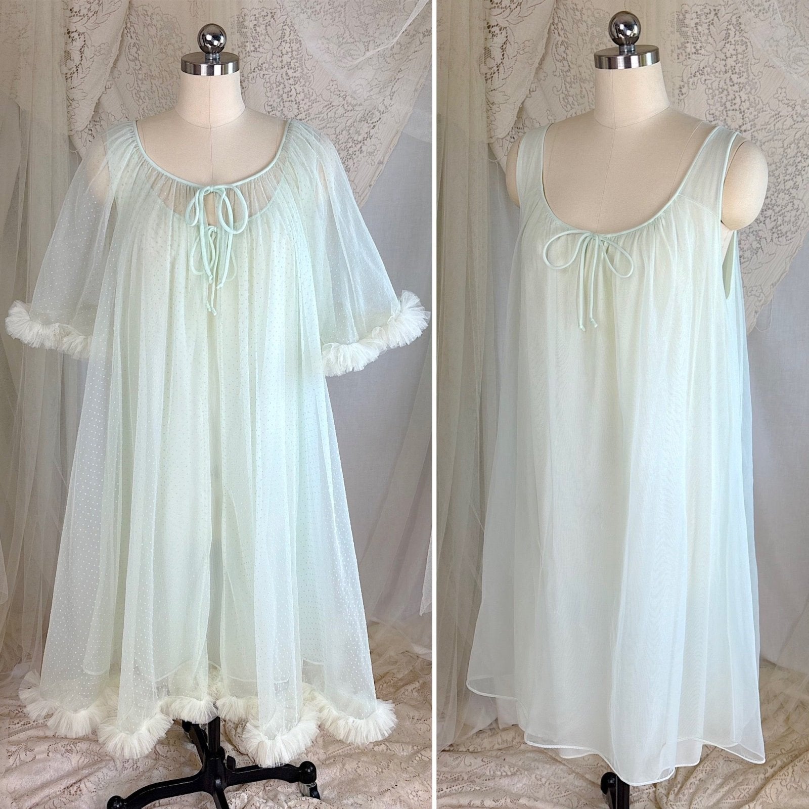 Vintage 1960's Peignoir Set - Pale Green Nylon Chiffon with Ruffled Tulle - by Al Sterling - Daggers & Dames