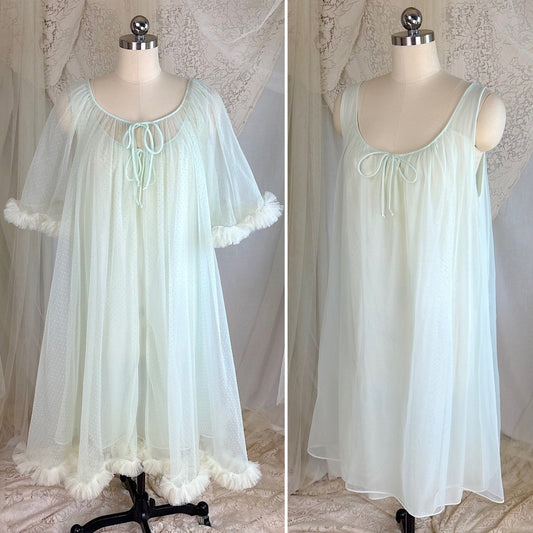 Vintage 1960's Peignoir Set - Pale Green Nylon Chiffon with Ruffled Tulle - by Al Sterling - Daggers & Dames