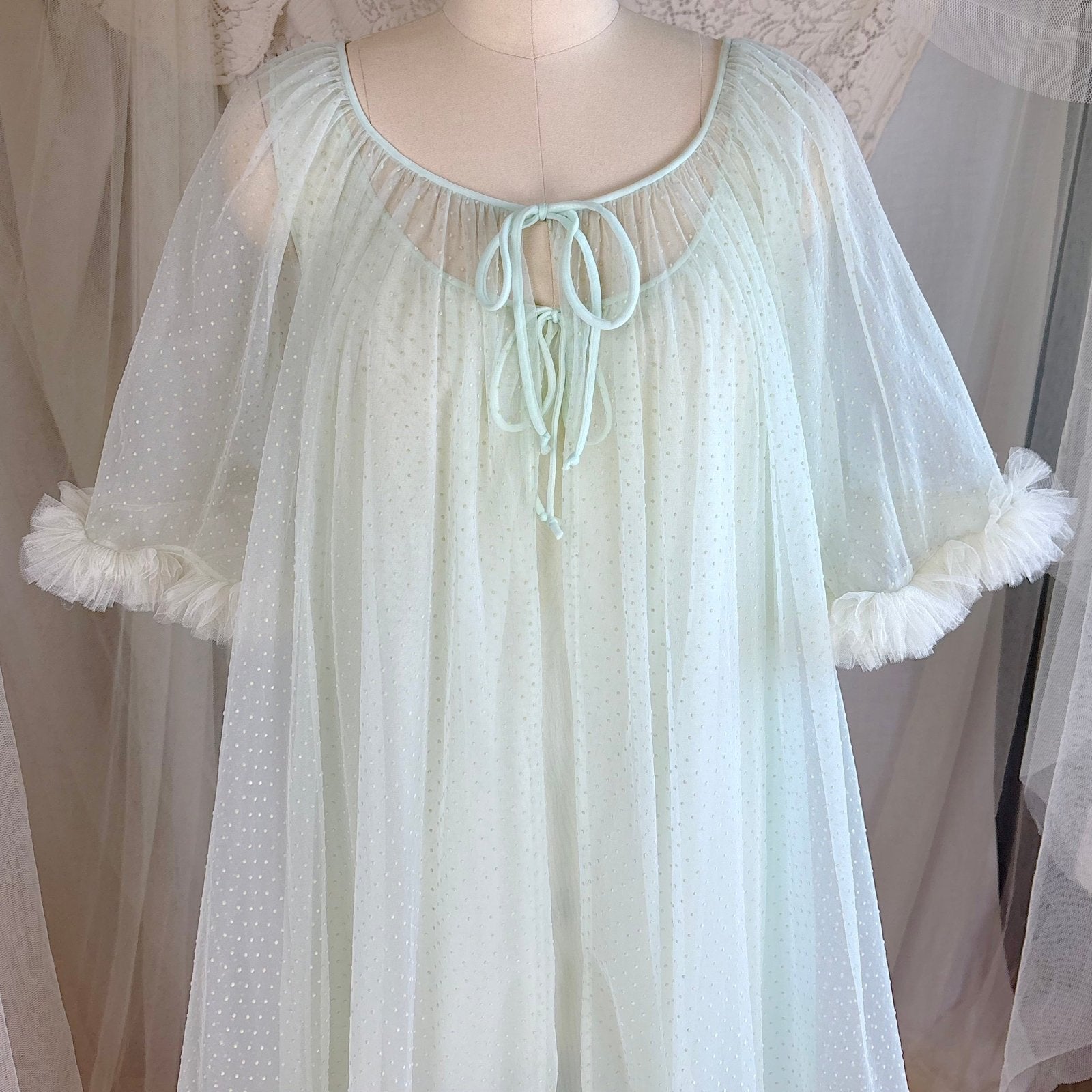 Vintage 1960's Peignoir Set - Pale Green Nylon Chiffon with Ruffled Tulle - by Al Sterling - Daggers & Dames