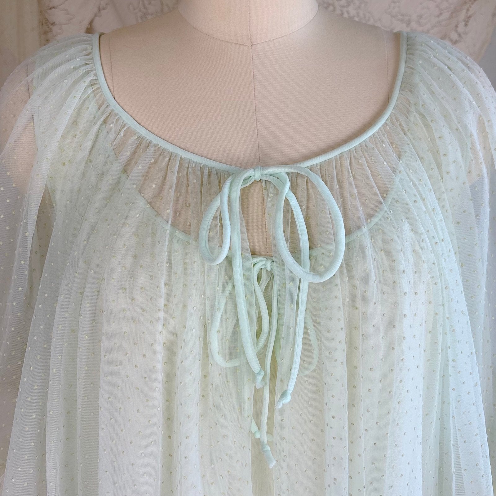 Vintage 1960's Peignoir Set - Pale Green Nylon Chiffon with Ruffled Tulle - by Al Sterling - Daggers & Dames